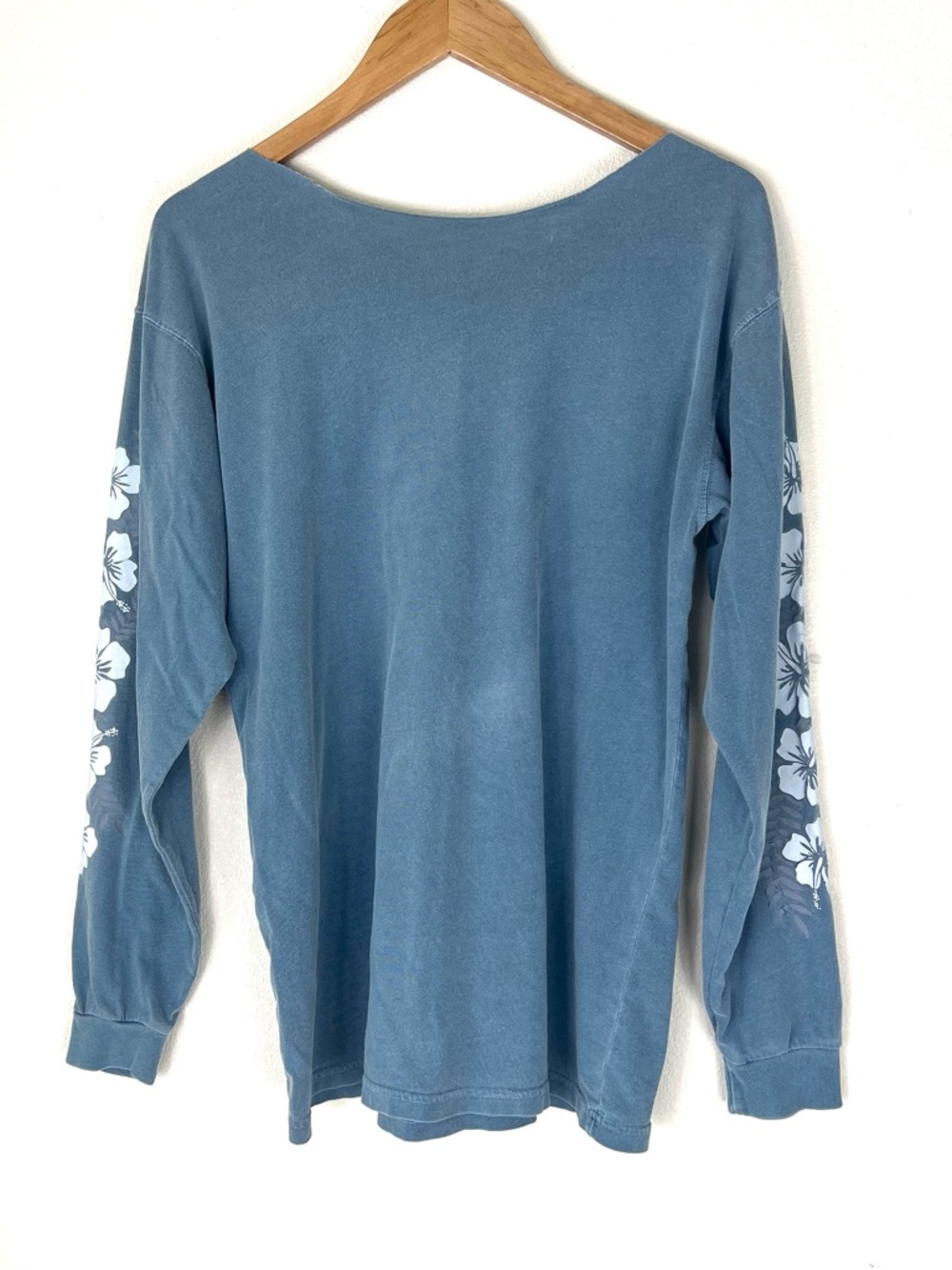 Vintage 90s Y2K Long Sleeve Blue Hawaiian Floral Graphic Women's Top - Picture 6 of 7